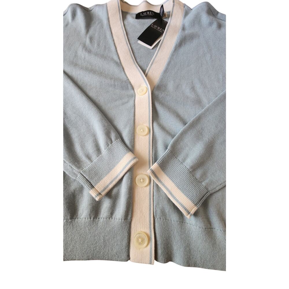 Black Label Ralph Lauren Blue Cream Cropped V Neck Cardigan Sweater Women Large - Picture 5 of 10